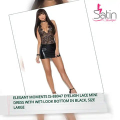 Elegant Moments IS-88047 Eyelash Lace Mini Dress with Wet-Look Bottom in Black, Size Large by@Outfy