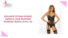 Escante 37745H Stripe Mesh &amp; Lace Bustier w/Hose, B;ack, S-M-L-XL by@Outfy