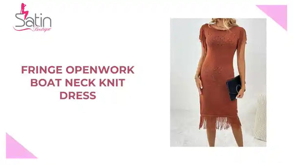 Fringe Openwork Boat Neck Knit Dress by@Outfy