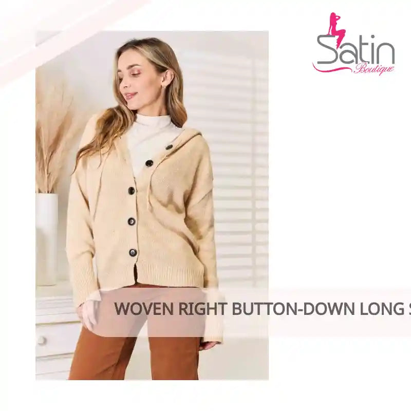 Woven Right Button-Down Long Sleeve Hooded Sweater by@Outfy