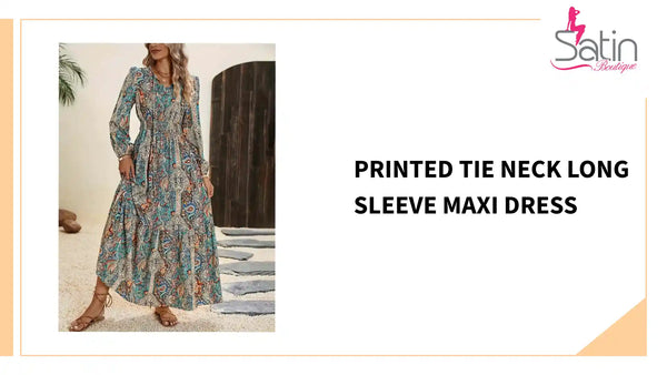 Printed Tie Neck Long Sleeve Maxi Dress by@Outfy