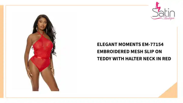 Elegant Moments EM-77154 Embroidered mesh slip on teddy with halter neck in Red by@Outfy