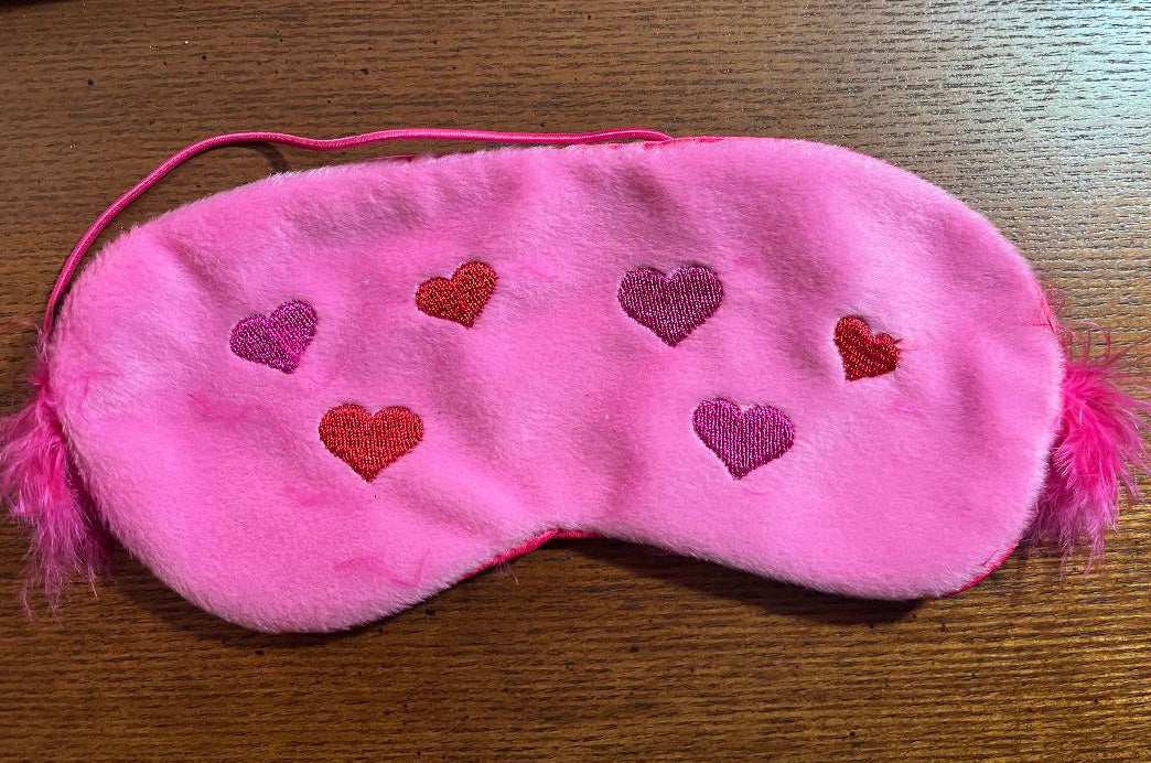 Shirley of Hollywood Valentine Hearts Sleep Mask satin back with feathers