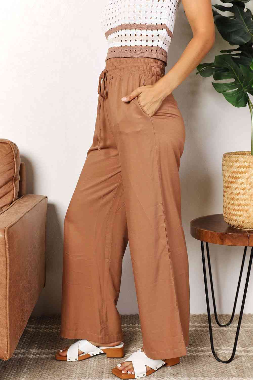 Double Take Drawstring Smocked Waist Wide Leg Pants-Trendsi-SatinBoutique