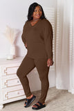 Basic Bae 全尺寸 V 領柔軟人造絲長袖上衣和褲子休閒套裝-Trendsi-Chocolate-S-SatinBoutique