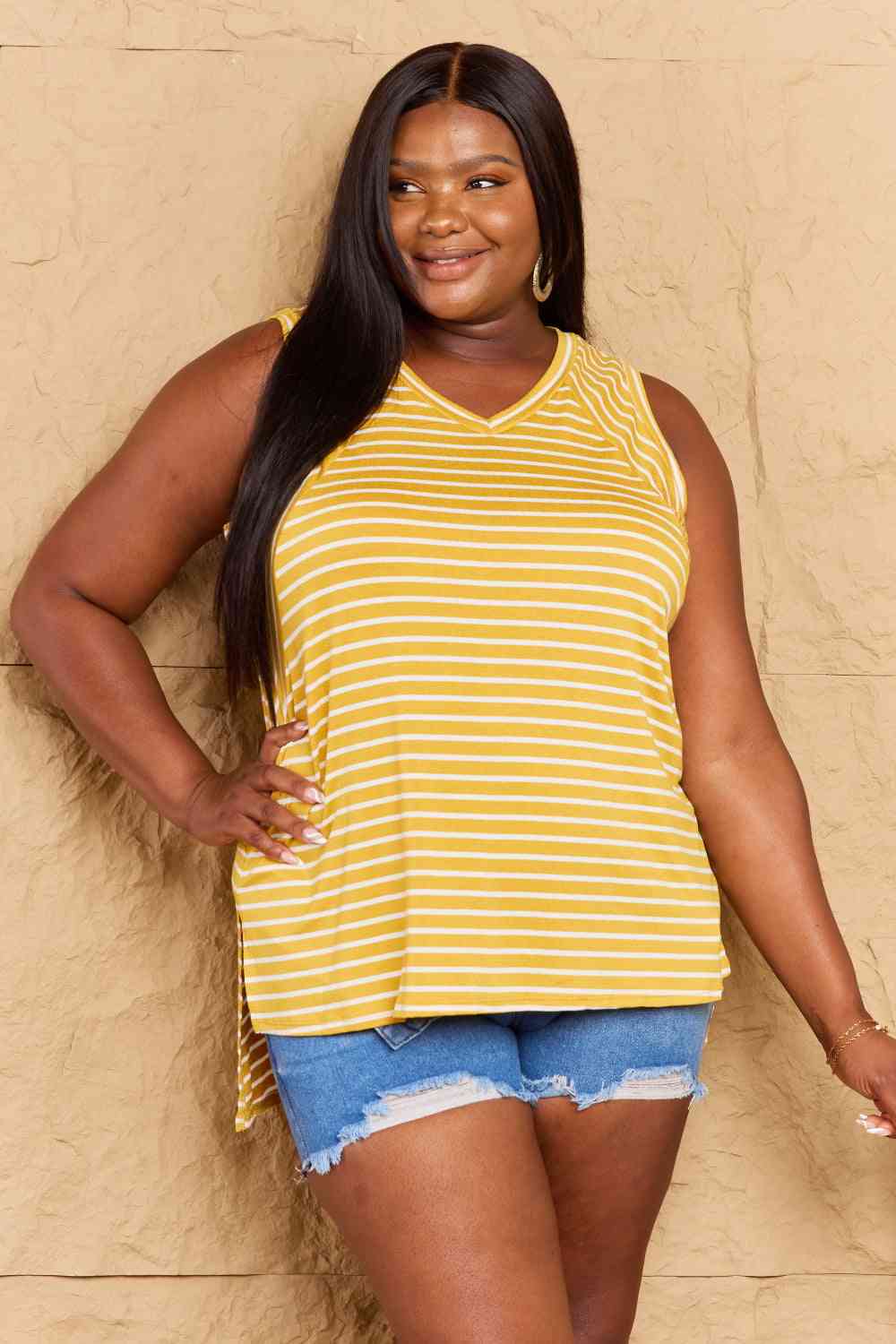 Doublju Talk To Me Full Size Striped Sleeveless V-Neck Top-Trendsi-SatinBoutique