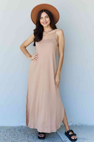 Ninexis Good Energy Full Size Cami Side Slit Maxi Dress in Camel-Trendsi-Camel-S-SatinBoutique