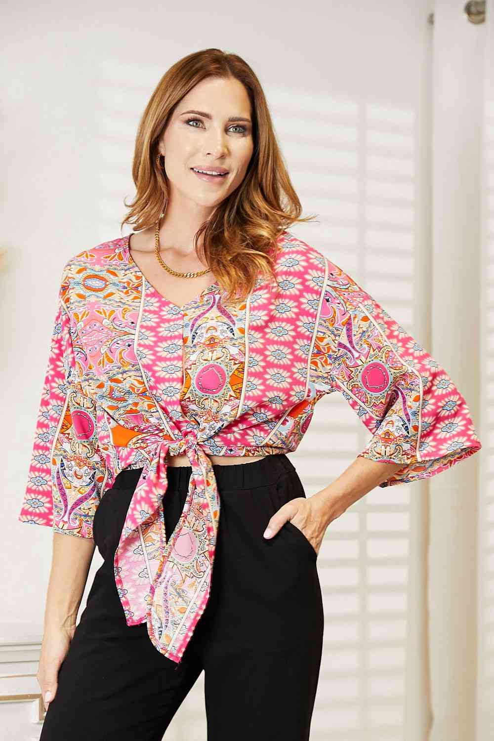 Double Take Tie Hem V-Neck Three-Quarter Sleeve Blouse-Trendsi-SatinBoutique