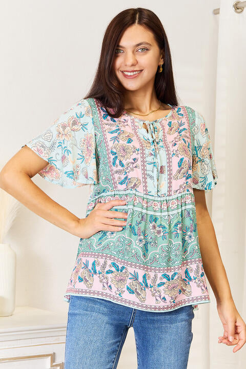 Double Take Floral Tie Neck Short Sleeve Blouse-Trendsi-Multicolor-S-SatinBoutique