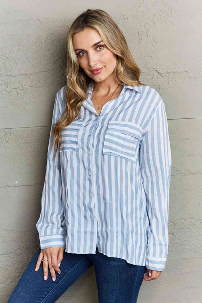 Ninexis Take Your Time Collared Button Down Striped Shirt-Trendsi-SatinBoutique