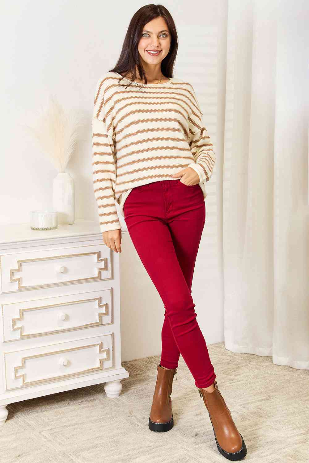 Double Take Striped Boat Neck Sweater-Trendsi-SatinBoutique