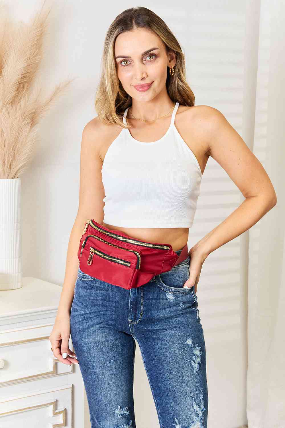 Fame Triple Pocket Nylon Fanny Pack-Trendsi-Deep Red-One Size-SatinBoutique