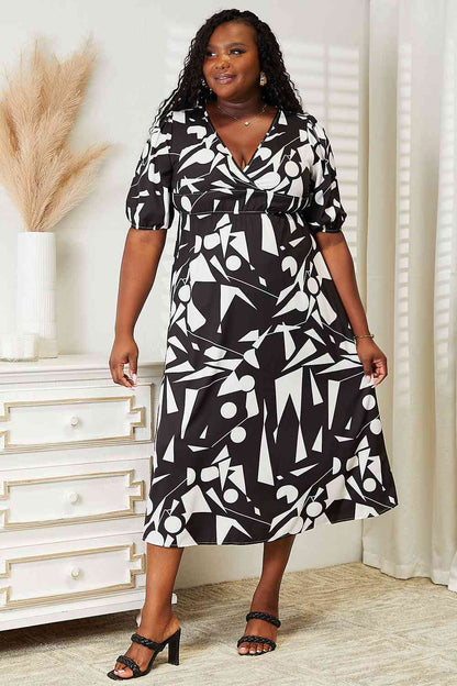 Double Take Printed Surplice Balloon Sleeve Dress-Trendsi-Black-S-SatinBoutique