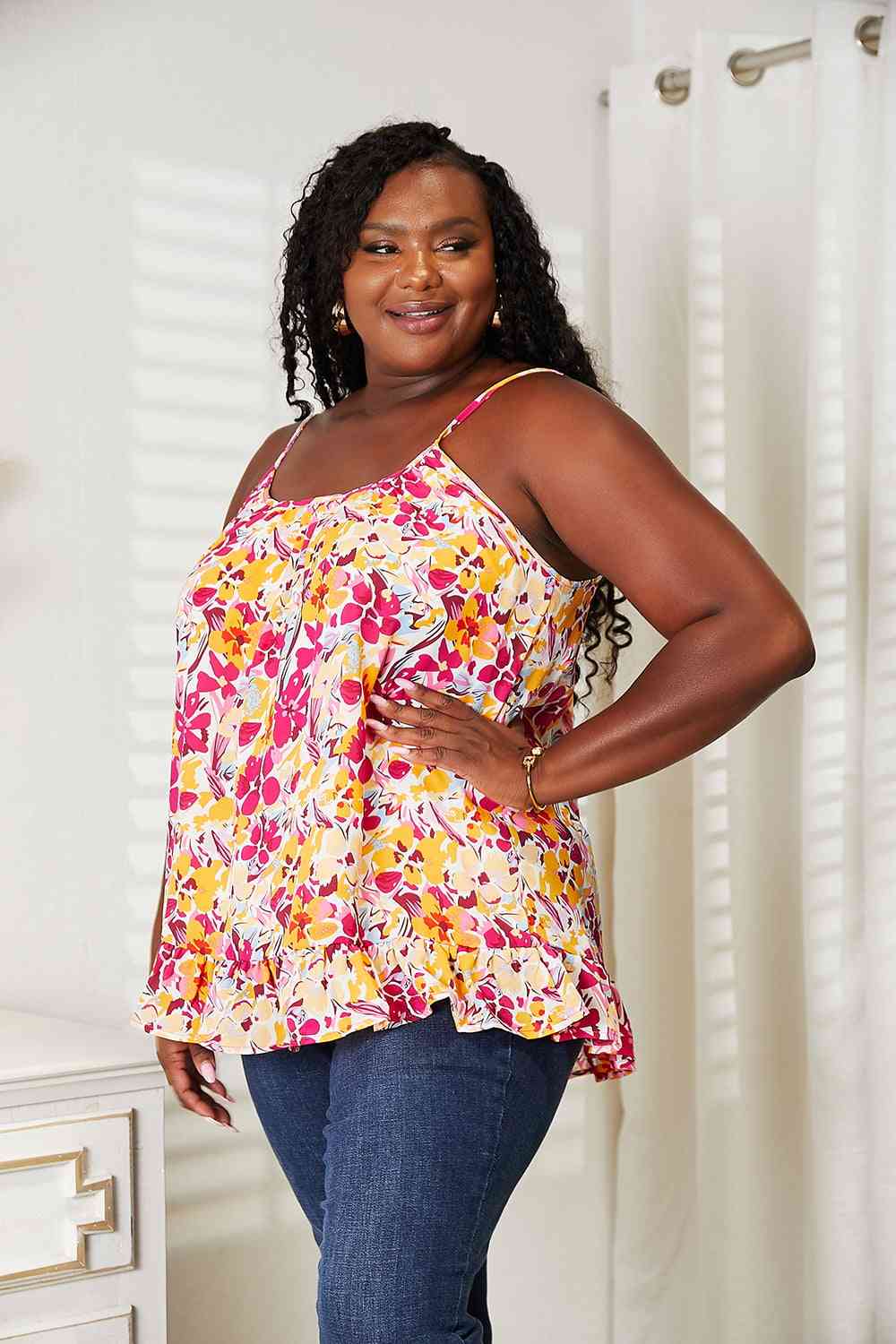 Double Take Floral Scoop Neck Ruffle Hem Cami, Also in Plus sizes-Trendsi-SatinBoutique