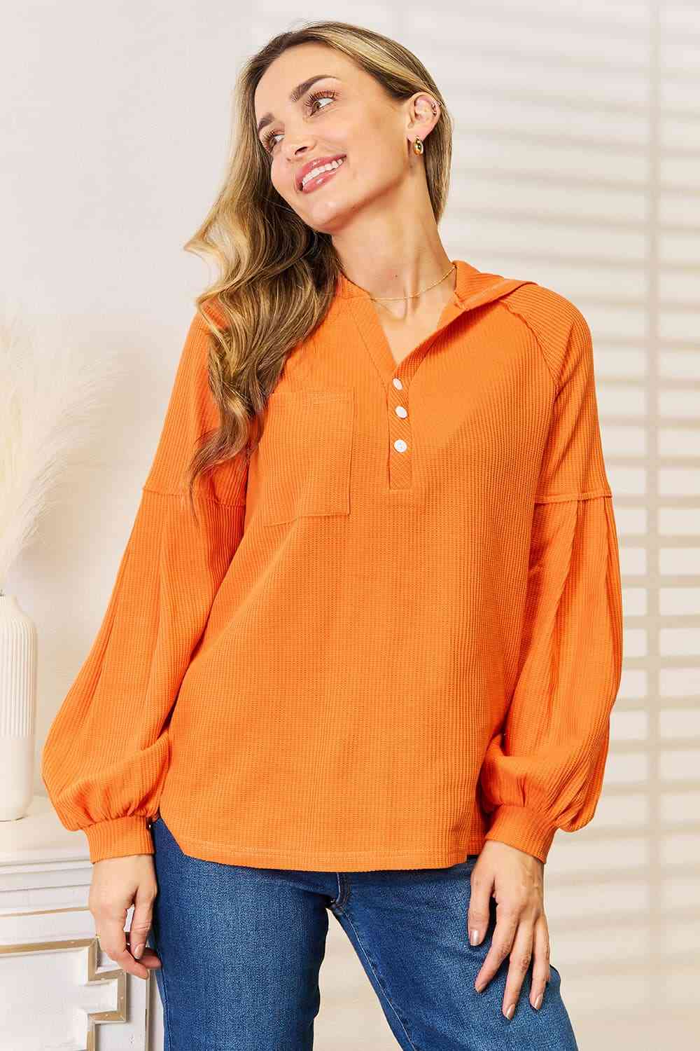 Basic Bae Side Slit Buttoned Waffle Knit Hoodie, Also in Plus sizes-Trendsi-Orange-S-SatinBoutique