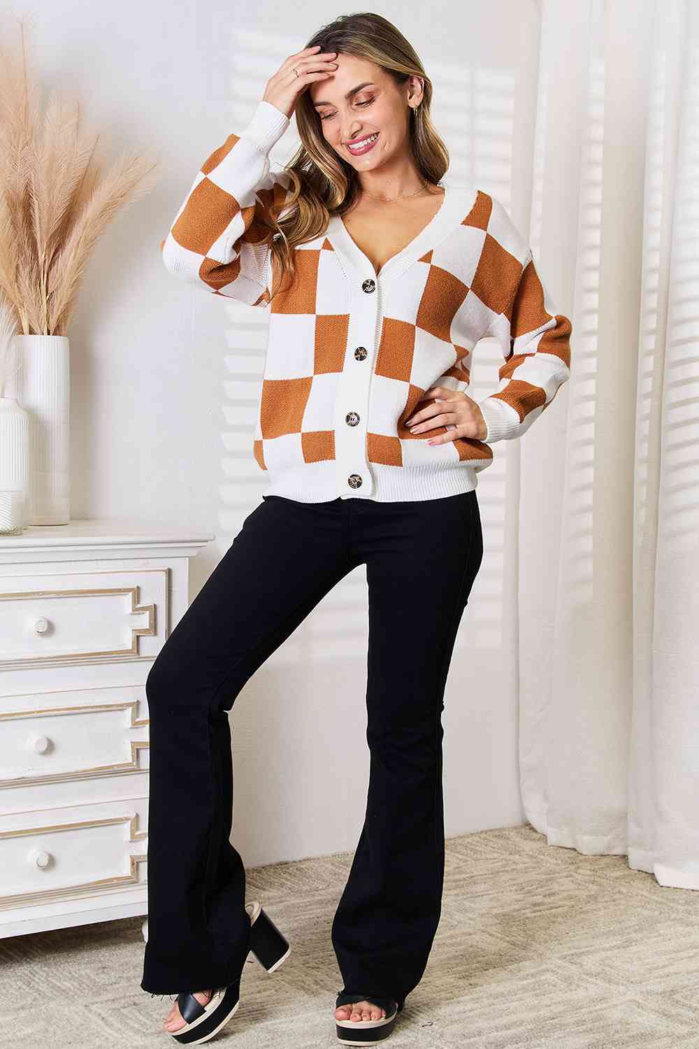 Double Take Button-Up V-Neck Dropped Shoulder Cardigan-Trendsi-SatinBoutique