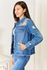 Baeful Leopard Floral Distressed Raw Hem Denim Jacket-Trendsi-SatinBoutique