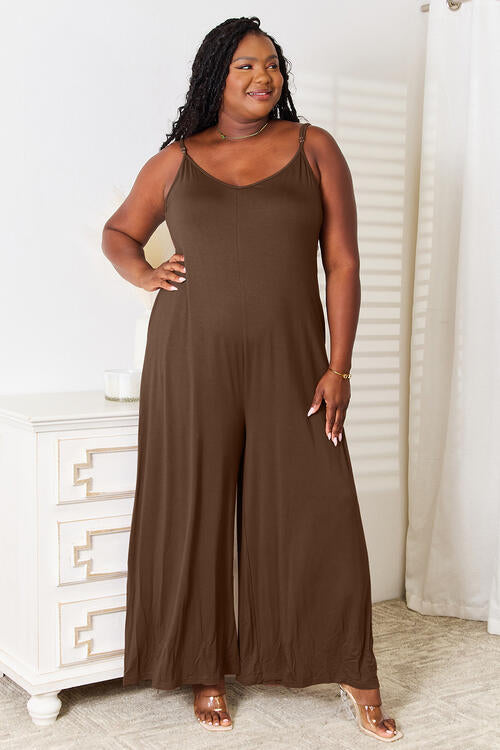 Double Take Full Size Soft Rayon Spaghetti Strap Tied Wide Leg Jumpsuit, Also Plus Sizes-Trendsi-Mocha-2XL-SatinBoutique