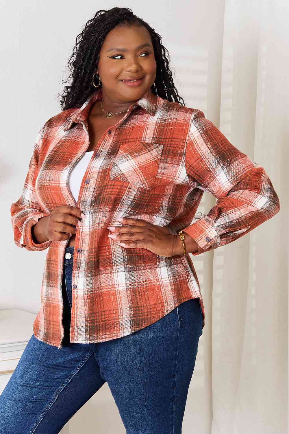 Double Take Plaid Collared Neck Long Sleeve Shirt-Trendsi-SatinBoutique