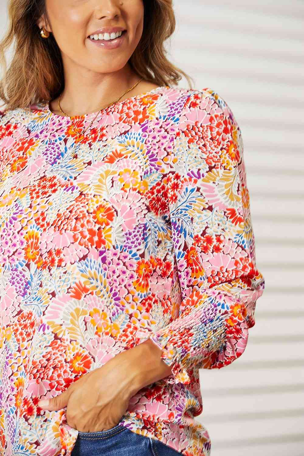 Double Take Floral Print Long Puff Sleeve Blouse-Trendsi-SatinBoutique