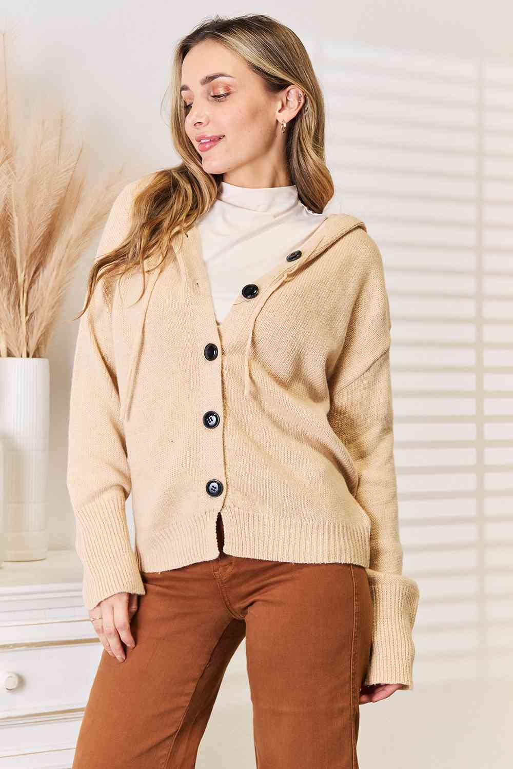 Woven Right Button-Down Long Sleeve Hooded Sweater-Trendsi-Tan-S-SatinBoutique