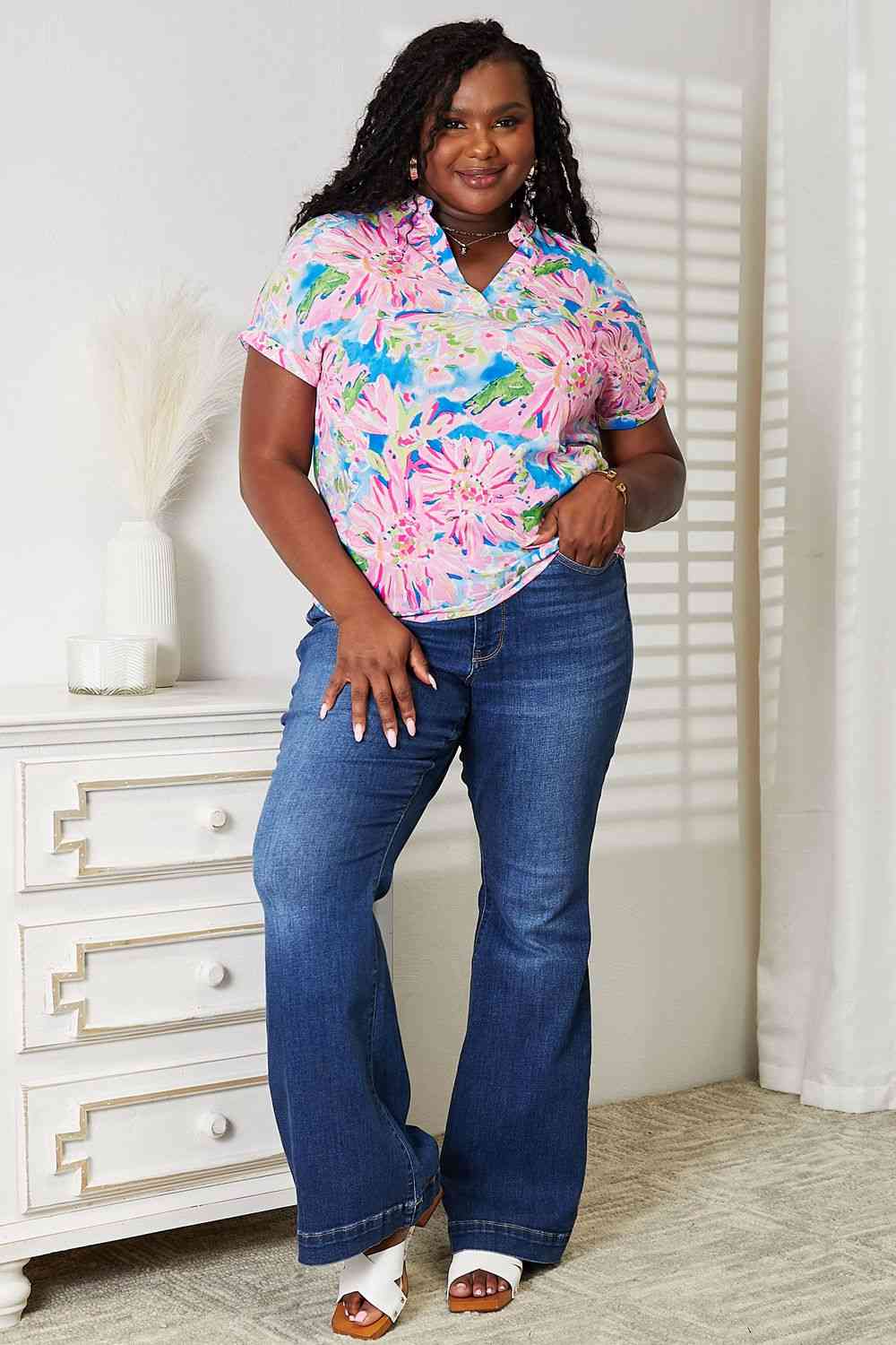 Double Take Floral Notched Neck Short Sleeve Top, Also Plus sizes-Trendsi-SatinBoutique