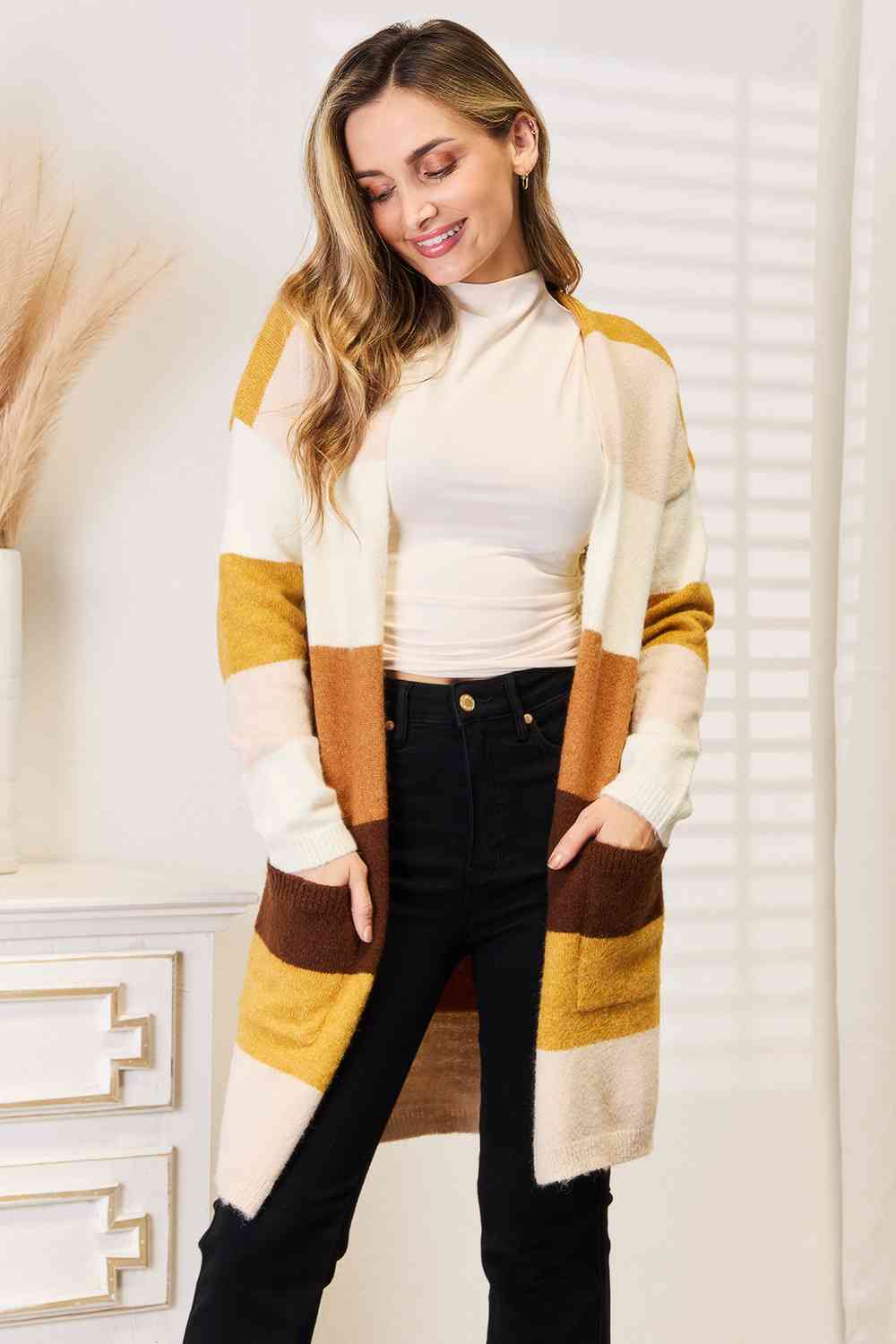 Woven Right Color Block Dropped Shoulder Cardigan-Trendsi-Brown/Tan Stripe-S-SatinBoutique