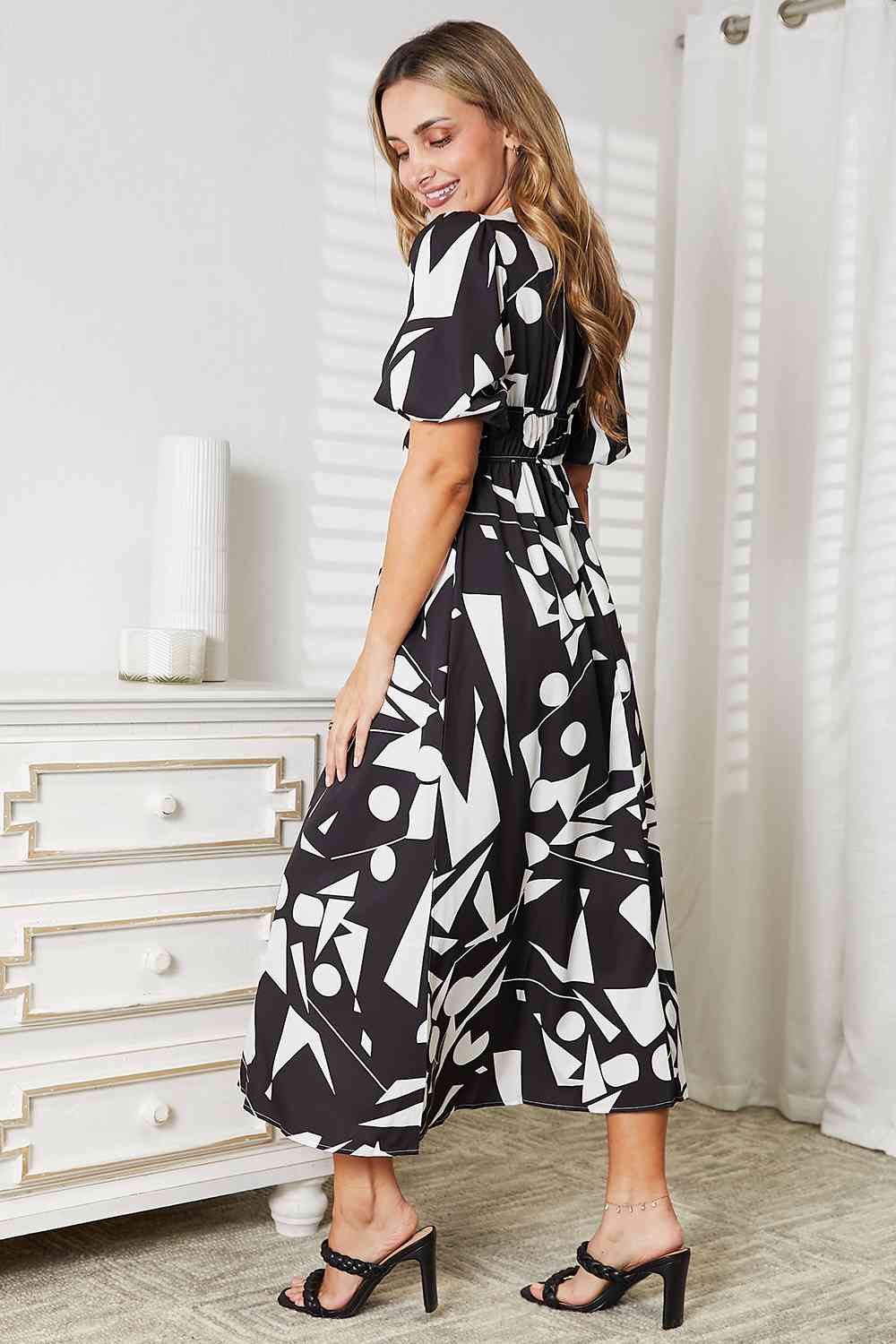 Double Take Printed Surplice Balloon Sleeve Dress-Trendsi-SatinBoutique