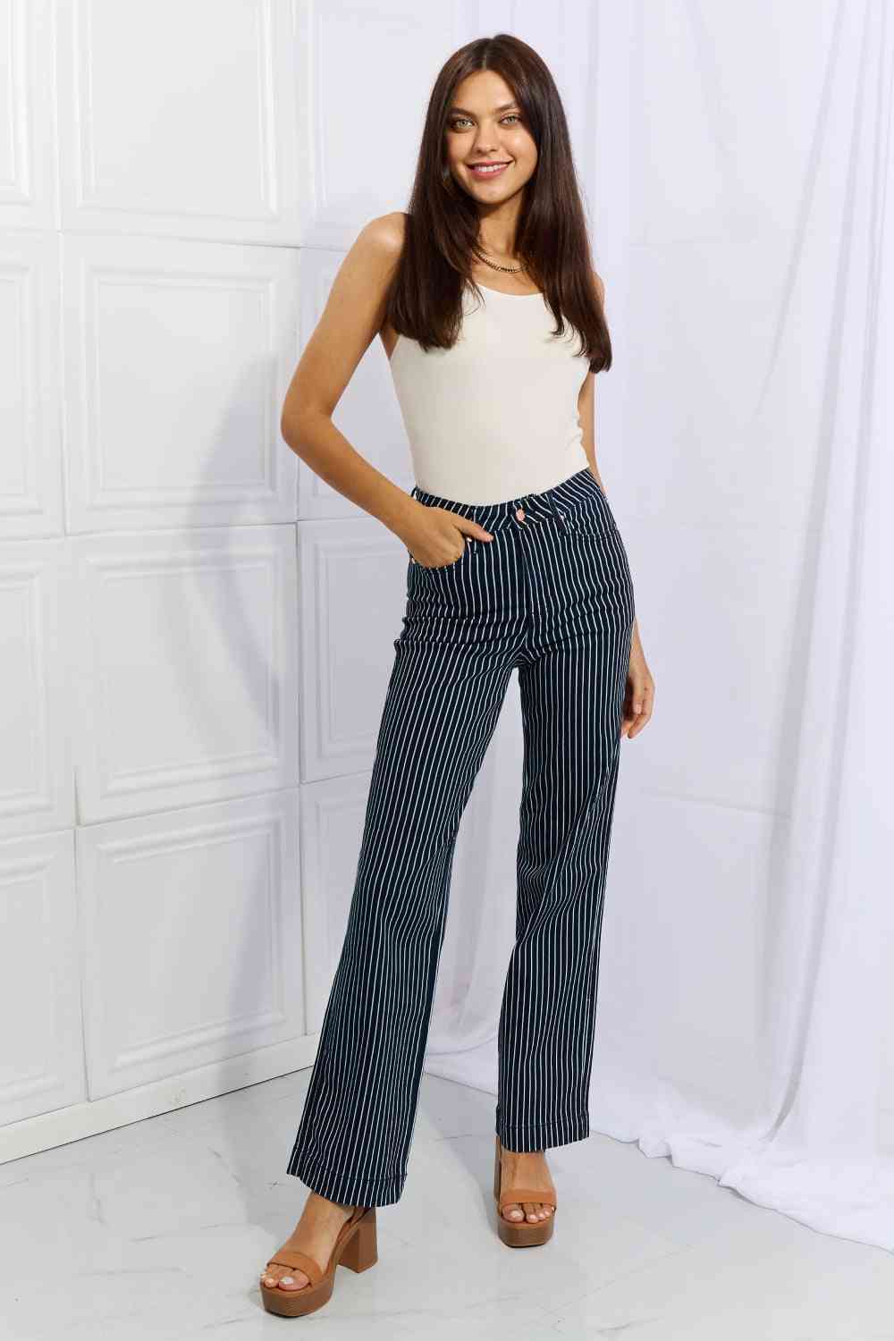 Judy Blue Cassidy Full Size High Waisted Tummy Control Striped Straight Jeans-Trendsi-SatinBoutique