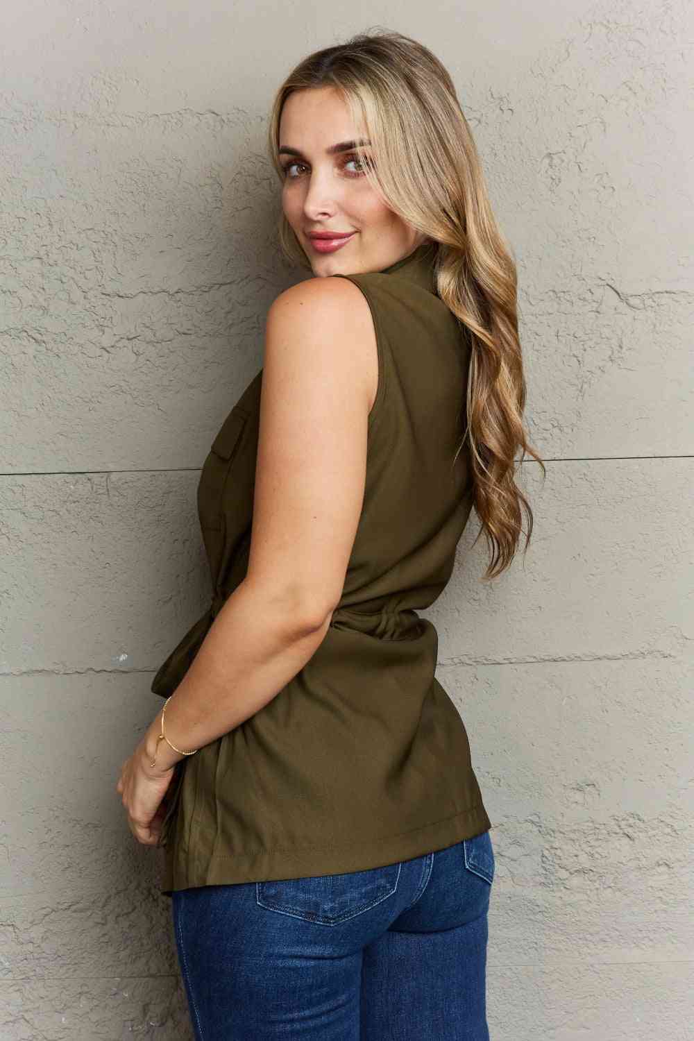 Ninexis Follow The Light Sleeveless Collared Button Down Top-Trendsi-SatinBoutique