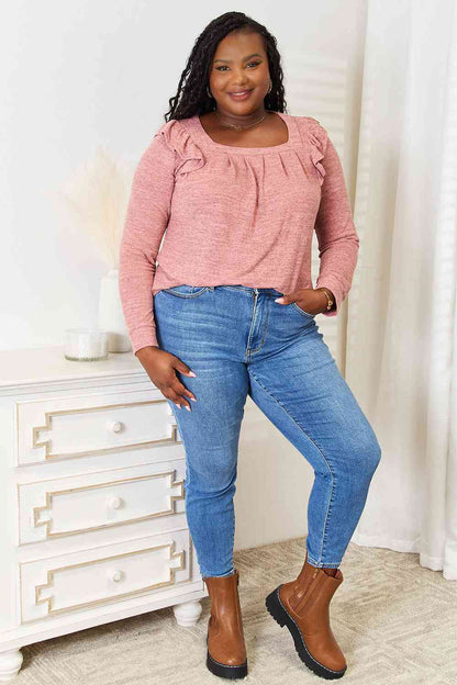 Double Take Square Neck Ruffle Shoulder Long Sleeve T-Shirt, Also Plus sizes-Trendsi-SatinBoutique