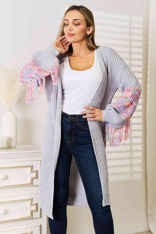 Woven Right Fringe Sleeve Dropped Shoulder Cardigan-Trendsi-Cloudy Blue-S-SatinBoutique