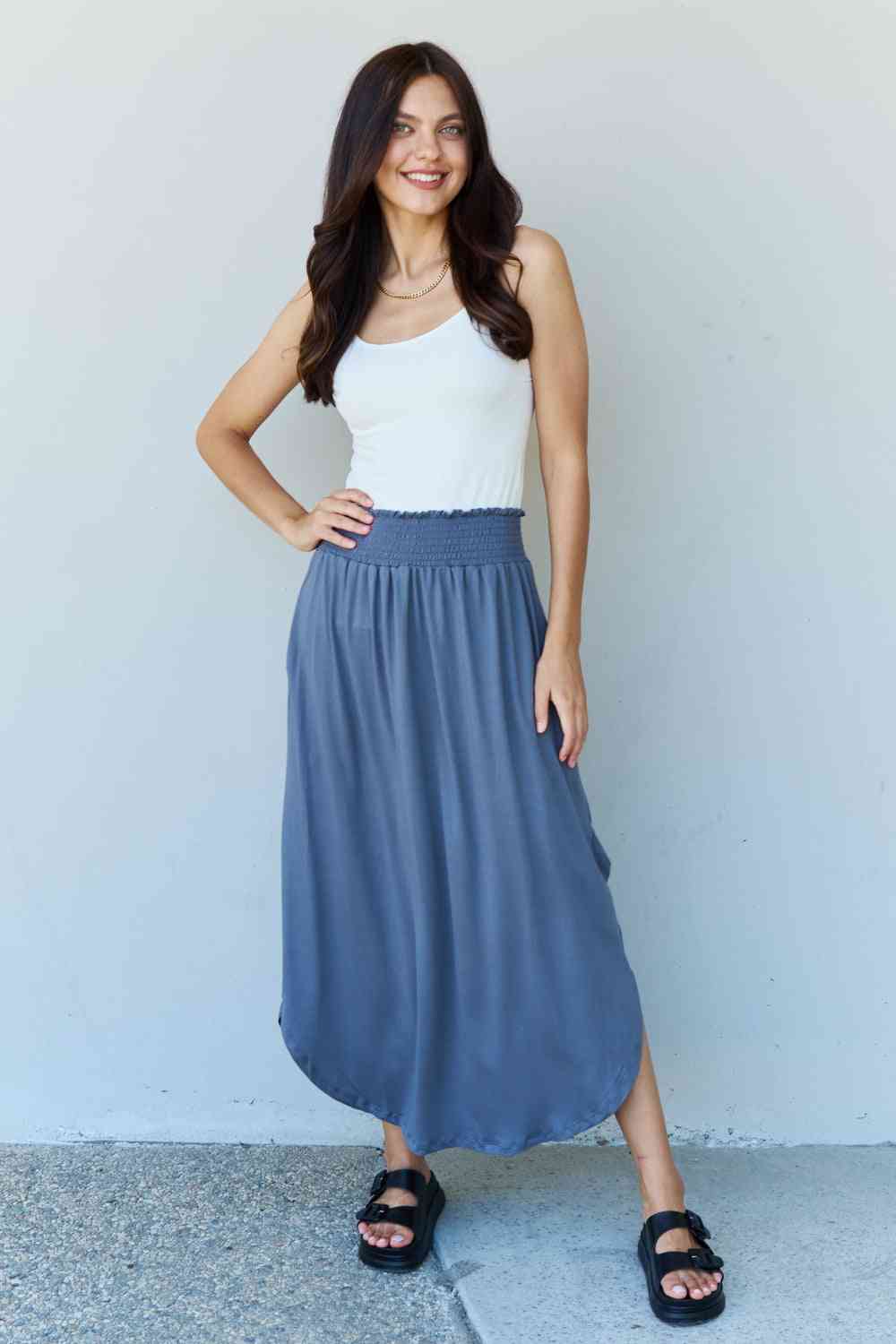 Doublju Comfort Princess Full Size High Waist Scoop Hem Maxi Skirt in Dusty Blue-Trendsi-SatinBoutique