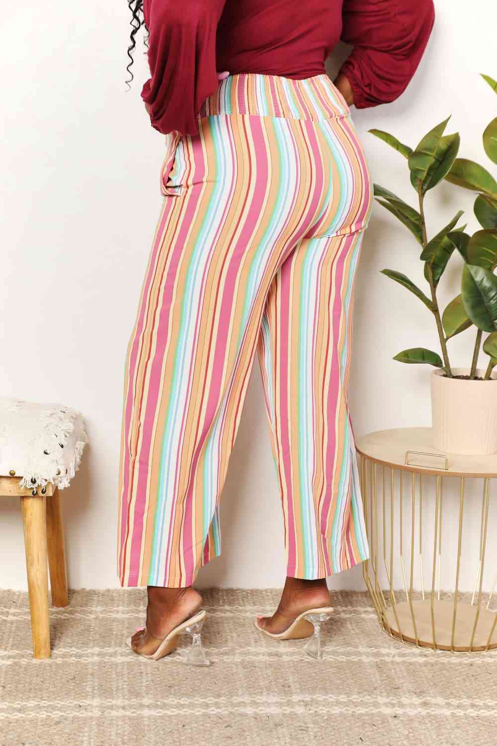 Double Take Striped Smocked Waist Pants with Pockets-Trendsi-SatinBoutique