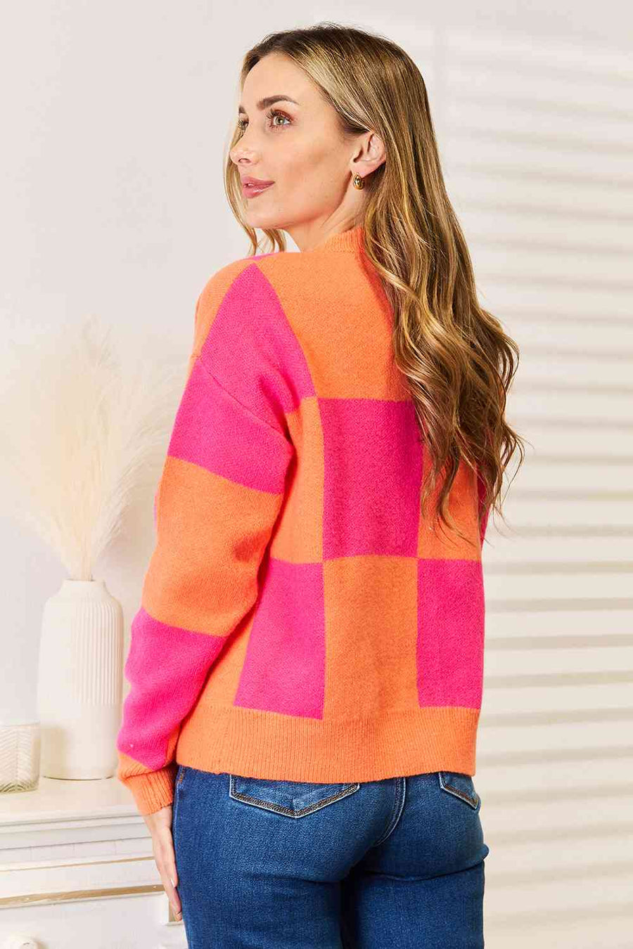 Woven Right Checkered V-Neck Dropped Shoulder Cardigan-Trendsi-Hot Pink-S-SatinBoutique