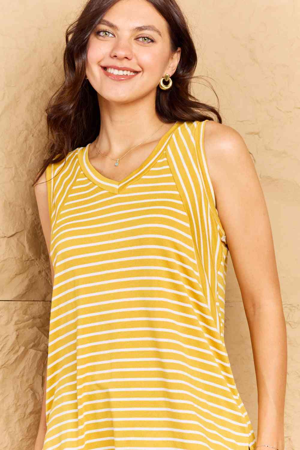 Doublju Talk To Me Full Size Striped Sleeveless V-Neck Top-Trendsi-SatinBoutique