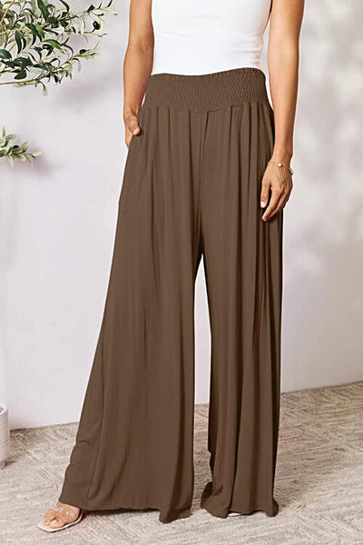 Elegant Wide Leg Pants with Smocked Waistband - Opaque Comfort in Sizes S-3XL Trendsi