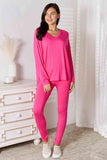 Basic Bae Full Size Mäkký Rayon Tričko s dlhým rukávom a nohavičkami Lounge Set-Trendsi-Hot Pink-S-SatinBoutique