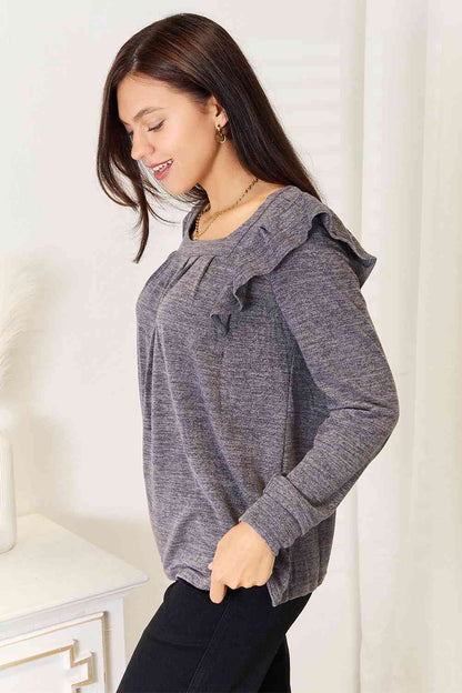 Double Take Square Neck Ruffle Shoulder Long Sleeve T-Shirt, Also Plus sizes-Trendsi-SatinBoutique