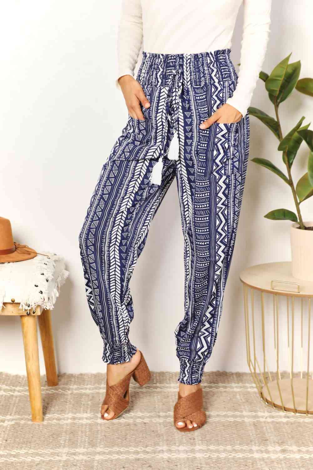 Double Take Geometric Print Tassel High-Rise Pants-Trendsi-SatinBoutique