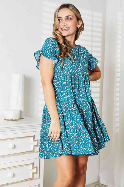 Double Take Short Flounce Sleeve Tiered Dress-Trendsi-Sky Blue-S-SatinBoutique