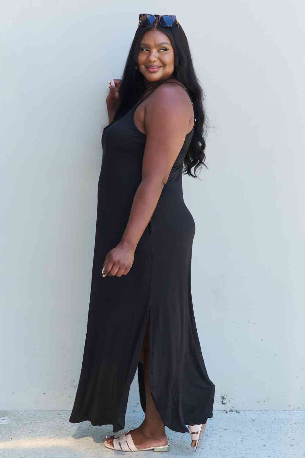 Ninexis Good Energy Full Size Cami Side Slit Maxi Dress in Black, Also in Plus sizes-Trendsi-SatinBoutique