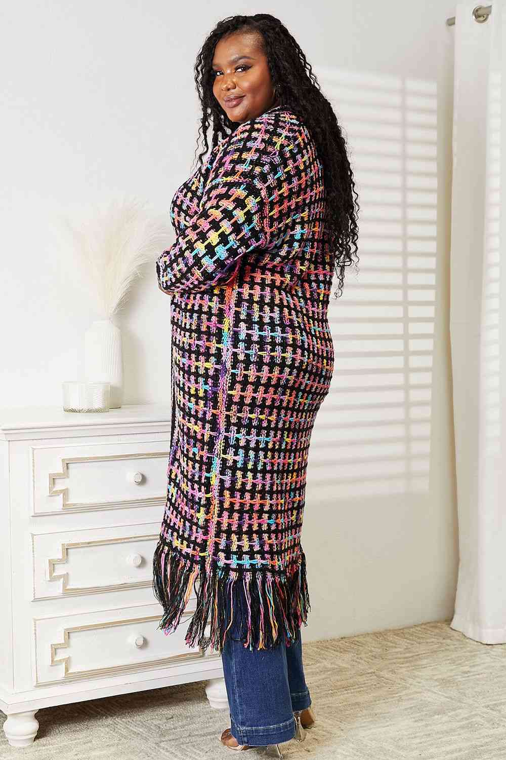 Double Take Full Size Multicolored Open Front Fringe Hem Cardigan. Also Plus sizes-Trendsi-SatinBoutique