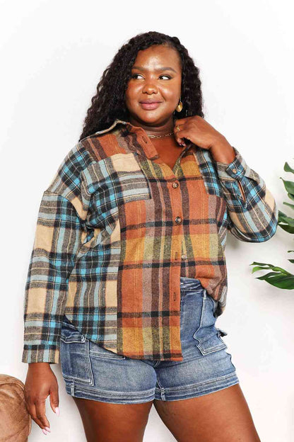 Double Take Plaid Curved Hem Shirt Jacket with Breast Pockets-Trendsi-SatinBoutique