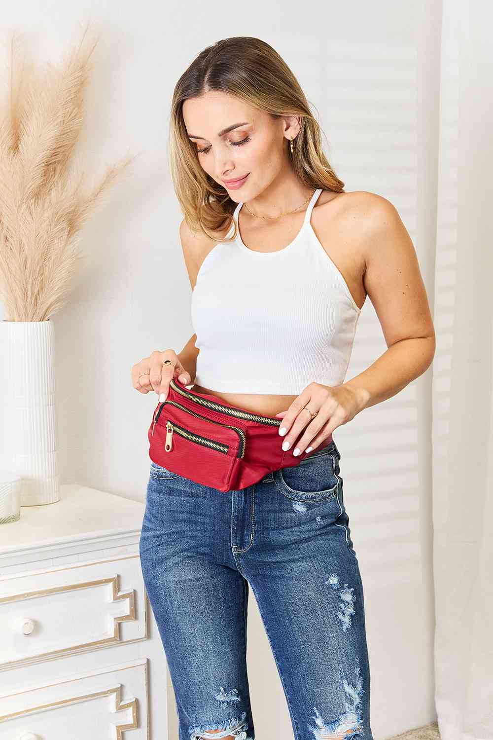 Fame Triple Pocket Nylon Fanny Pack-Trendsi-Deep Red-One Size-SatinBoutique