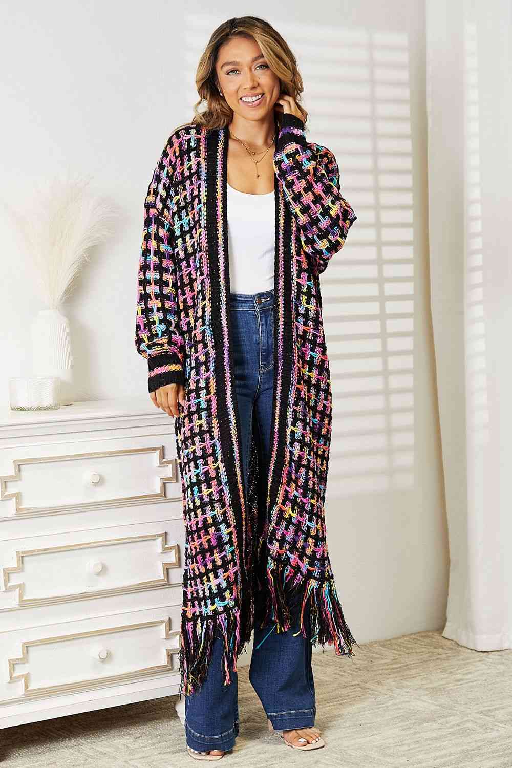 Double Take Full Size Multicolored Open Front Fringe Hem Cardigan. Also Plus sizes-Trendsi-Multicolor-S-SatinBoutique