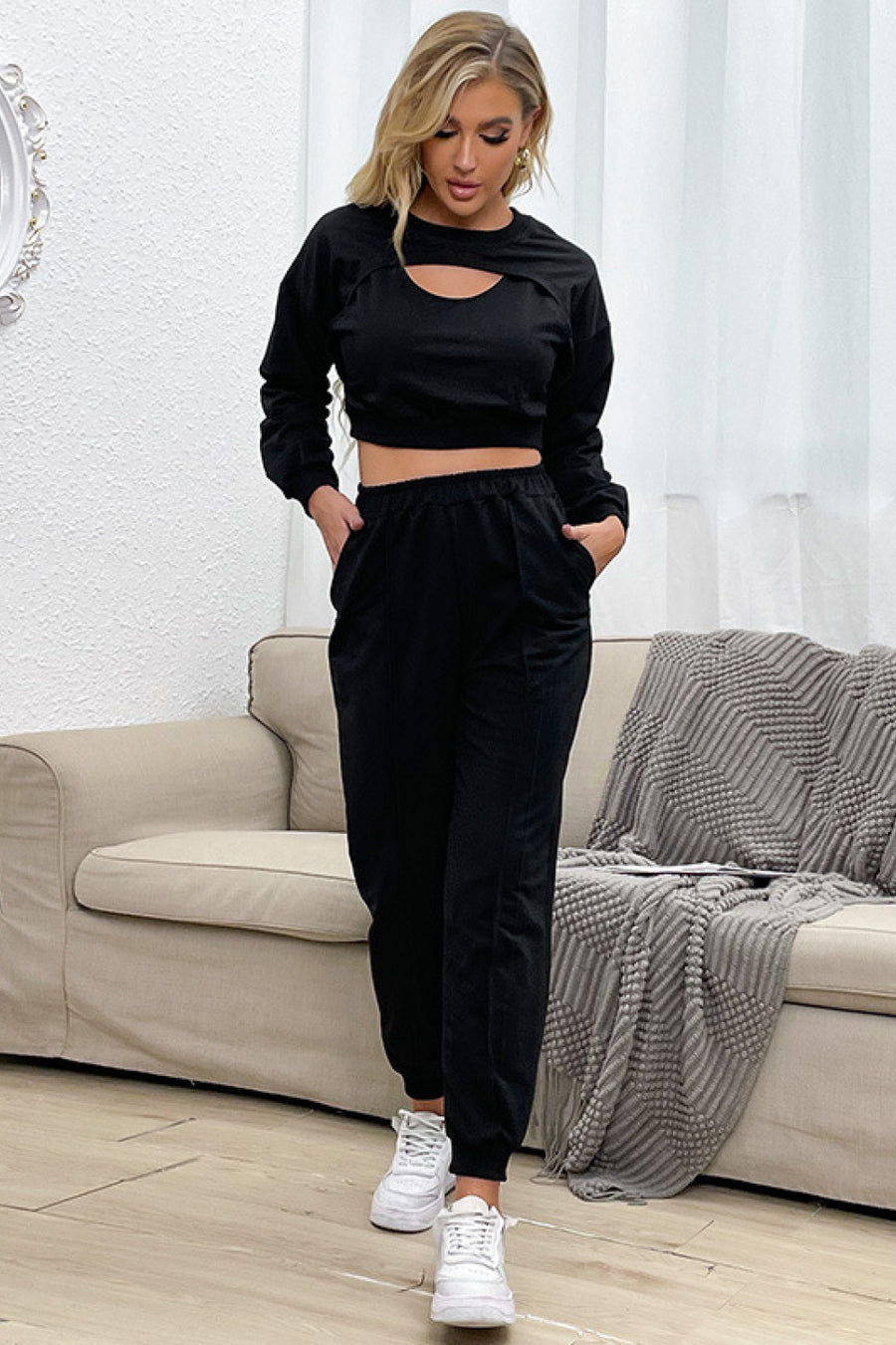Cut Out Crop Top and Joggers Set Trendsi