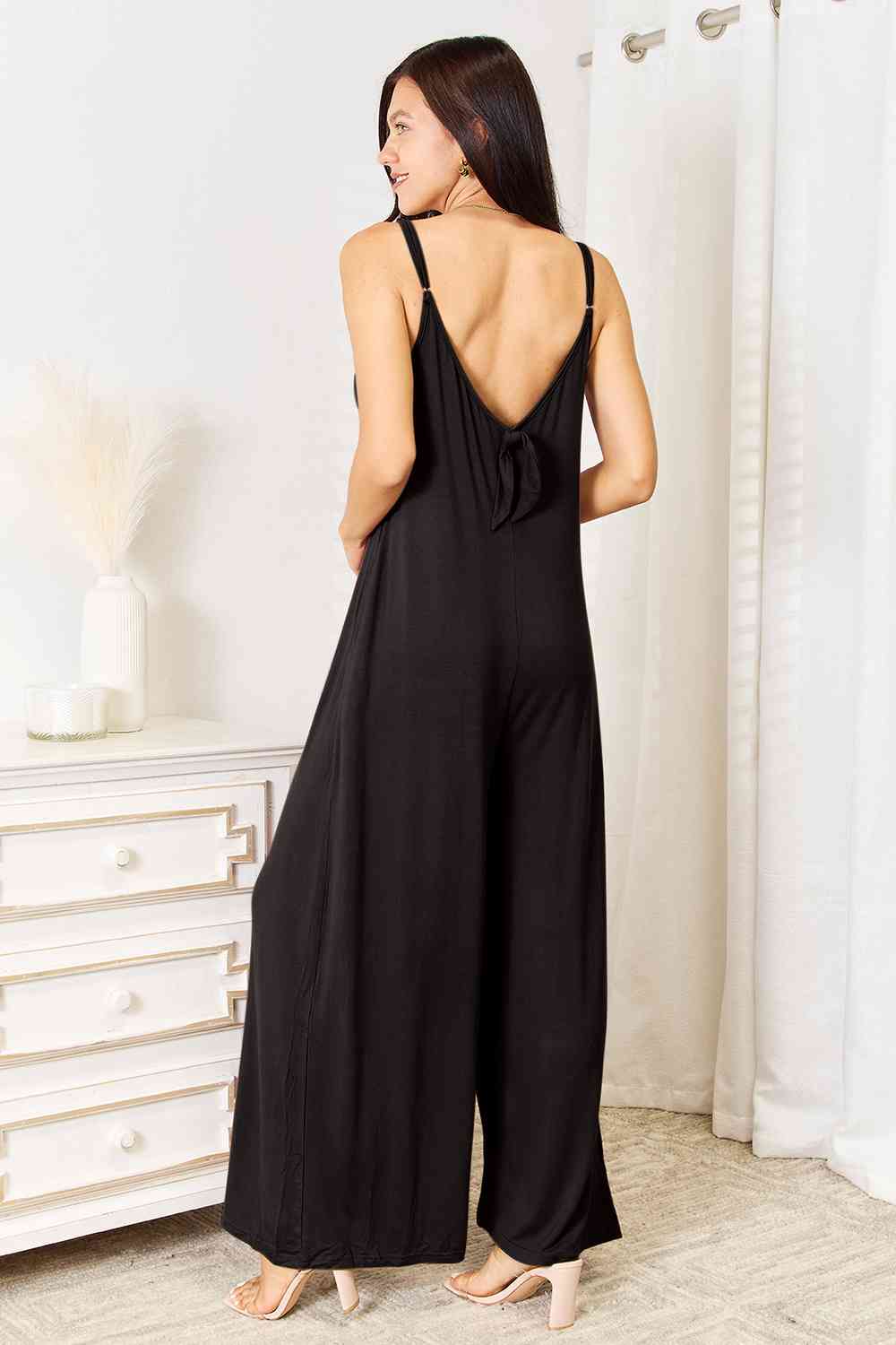 Double Take Full Size Soft Rayon Spaghetti Strap Tied Wide Leg Jumpsuit, Also Plus Sizes-Trendsi-SatinBoutique