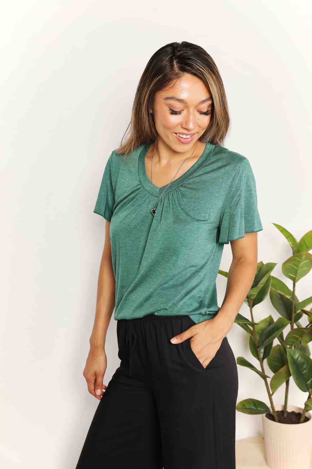 Double Take Ruched V-Neck Short Sleeve T-Shirt-Trendsi-SatinBoutique