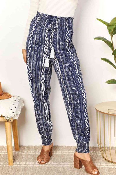 Double Take Geometric Print Tassel High-Rise Pants-Trendsi-Navy-S-SatinBoutique